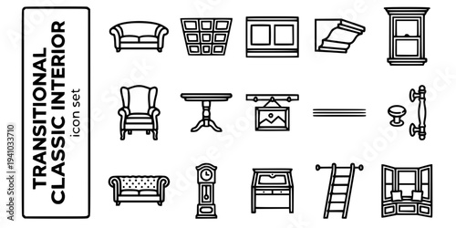 Transitional Classic Interior Bold Line Icons-Rolled Arm Sofa Coffered Ceiling Wainscoting Crown Molding Wingback Chair Turned Leg Table Picture Rail-15 Classic Interior Icon Set Vector - Transitional