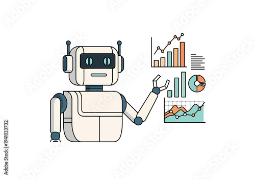 Artificial Intelligence Robot Analyzing Financial Growth Charts and Data Visualization for Business Intelligence and Future Projections