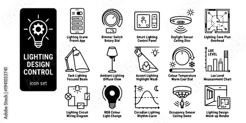 Lighting Design Control Bold Line Icons-Lighting Scene Preset Dimmer Switch Smart Lighting Panel Daylight Sensor Zone Plan Task Lighting Ambient Accent-15 Lighting Control Icon Set Vector - Design Ico