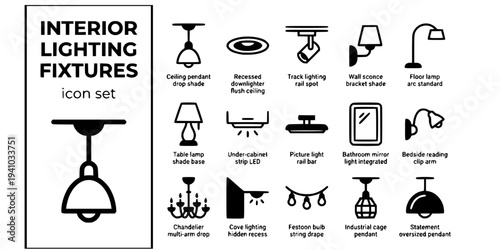Interior Lighting Fixtures Bold Line Icons-Ceiling Pendant Recessed Downlighter Track Lighting Wall Sconce Floor Lamp Table Lamp Under-Cabinet Strip LED-15 Lighting Fixtures Icon Set Vector - Interior