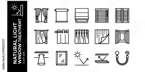Natural Light Window Treatment Bold Line Icons-Full-Height Curtain Roller Blind Roman Blind Venetian Blind Plantation Shutter Sheer Curtain Eyelet Pencil Pleat-15 Window Treatment Icon Set Vector - Na