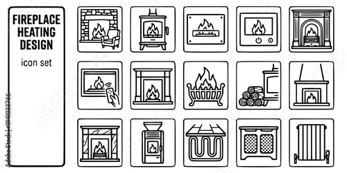 Fireplace Heating Design Bold Line Icons-Inglenook Recess Log Burner Bioethanol Flame Electric Fire Cast Iron Fireplace Gas Fire Fireplace Mantle Open Fire-15 Fireplace Icon Set Vector - Heating Desig
