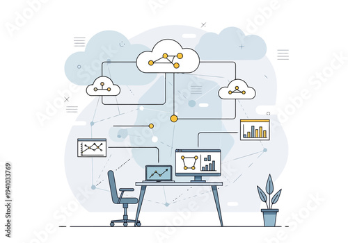 Modern office desk setup with computers and connected cloud network diagram symbolizing digital data flow and remote access technology solutions