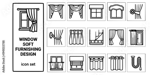 Window Soft Furnishing Design Bold Line Icons-Valance Top Treatment Swag and Tail Pelmet Box Cornice Board Tie-Back Rosette Holdback Hook Heading Tape-15 Soft Furnishing Icon Set Vector - Window Treat