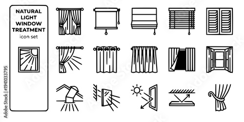 Natural Light Window Treatment Bold Line Icons-Full-Height Curtain Roller Blind Roman Blind Venetian Blind Plantation Shutter Sheer Curtain Eyelet Pencil Pleat-15 Window Treatment Icon Set Vector - Na