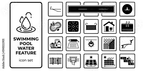 Swimming Pool Water Feature Bold Line Icons-Infinity Pool Edge Lap Pool Lane Plunge Pool Natural Swimming Pond Hot Tub Square Pool House Pump Filter Unit-15 Swimming Pool Icon Set Vector - Water Featu