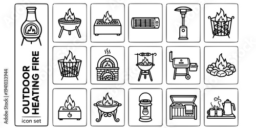 Outdoor Heating Fire Bold Line Icons-Chiminea Clay Fire Pit Bowl Steel Fire Table Gas Outdoor Wall Heater Patio Heater Gas Fire Basket Pizza Oven Smoker-15 Outdoor Heating Icon Set Vector - Fire Icons