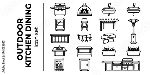 Outdoor Kitchen Dining Bold Line Icons-Outdoor Kitchen Island Built-In BBQ Grill Pizza Oven Dome Outdoor Sink Outdoor Fridge Bar Stool Dining Pergola Shade-15 Outdoor Kitchen Icon Set Vector - Dining 