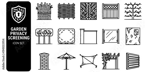 Garden Privacy Screening Bold Line Icons-Bamboo Screen Tall Dense Willow Screen Woven Metal Laser-Cut Screen Privacy Trellis Espalier Tree Horn Beam Pleached-15 Privacy Screening Icon Set Vector - Gar