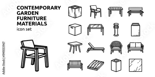 Contemporary Garden Furniture Materials Bold Line Icons-Corten Steel Planter Powder-Coated Steel Chair Teak Oiled Table HDPE Plastic Bench Concrete Cast Seat-15 Garden Furniture Icon Set Vector - Mate