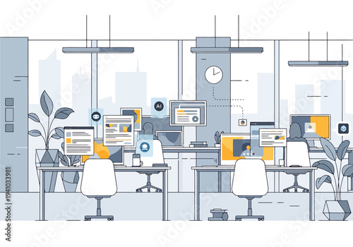 Modern Office Interior With Desks Computers Plants And City View In Bright Daylight For Business And Technology Concepts