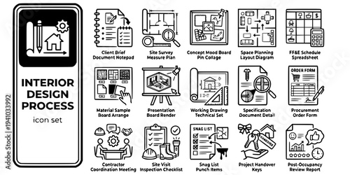 Interior Design Process Bold Line Icons-Client Brief Site Survey Concept Mood Board Space Planning FF&E Schedule Material Sample Presentation Board Working Drawing-15 Design Process Icon Set Vector - 