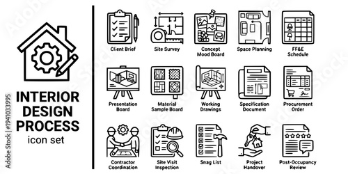 Interior Design Process Bold Line Icons-Client Brief Site Survey Concept Mood Board Space Planning FF&E Schedule Material Sample Presentation Board Working Drawing-15 Design Process Icon Set Vector - 