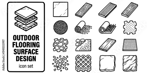 Outdoor Flooring Surface Design Bold Line Icons-Large Porcelain Paving Slab Timber Decking Hardwood Composite Decking Resin Bound Gravel Self-Binding Artificial Grass-15 Outdoor Flooring Icon Set Vect