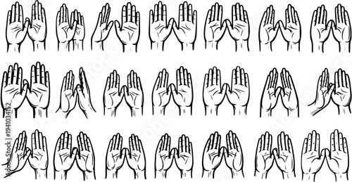 Black and White Line Art Vector Illustration of Diverse Human Hand Gestures and Symbolic Poses for Spirituality, Wellness, and Communication