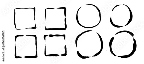 筆書きのフレームセット、ベクター、和風、墨、円、四角、飾り枠、手書き、かすれ、和モダン、背景素材、日本