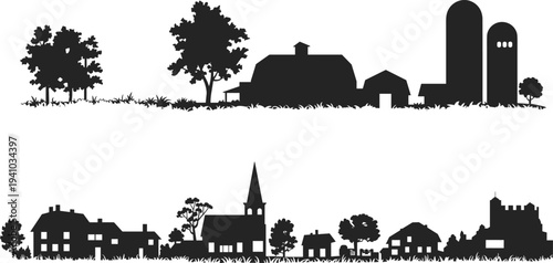 Rural farm and small town skyline silhouette set with barn, silos, houses, church and trees, countryside landscape vector illustration isolated on white background