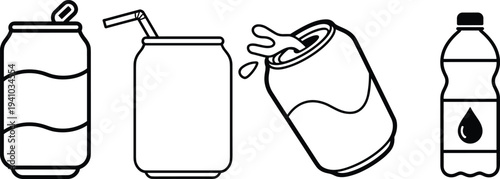Soft drink and beverage container outline set including soda cans with straw, open splash can and plastic water bottle, simple black line vector illustration 