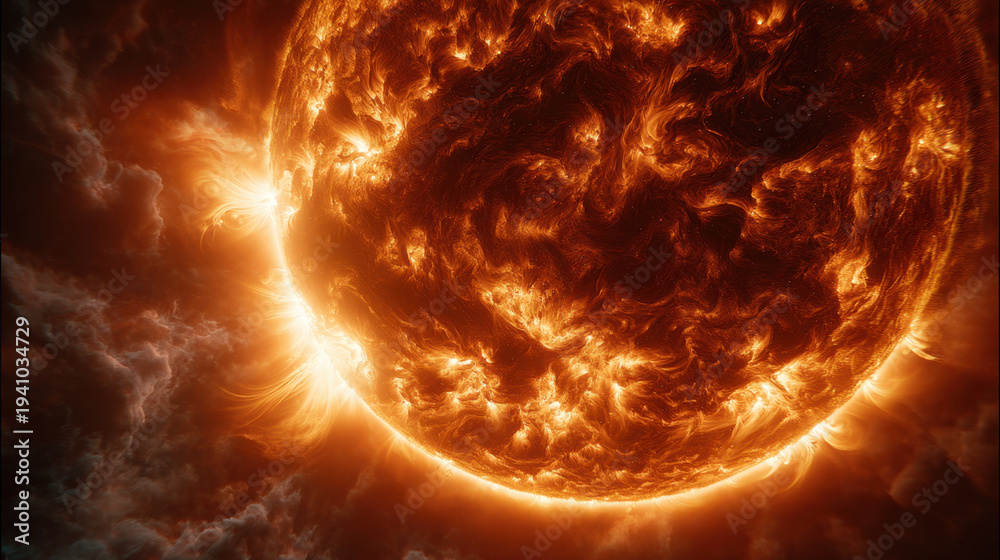 Fototapeta premium Blazing close up of fiery sun surface with swirling plasma, solar flare and eruptive prominences creating intense heat and dramatic light