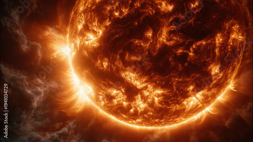 Blazing close up of fiery sun surface with swirling plasma, solar flare and eruptive prominences creating intense heat and dramatic light