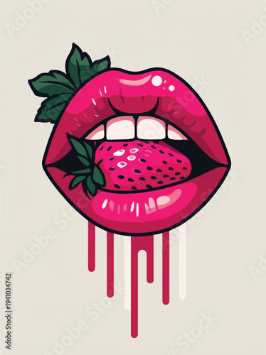 Vibrant stylized illustration of glossy pink lips tasting a delicious ripe strawberry fruit dripping juice
