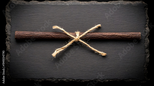Rustic wooden stick tied with jute rope on slate background