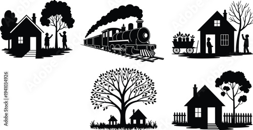 Village life silhouette collection with houses, trees, people, steam train and rural scenes, black vector illustration set isolated on white background for landscape design