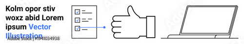 Workflow management, digital approval, productivity tools, e-learning, remote work, digital organization. Checklist connected to a thumbs up and a laptop. Workflow management and digital approval