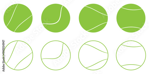  vector illustration set of tennis ball silhouettes featuring various white seam patterns and curved line designs isolated on white background.