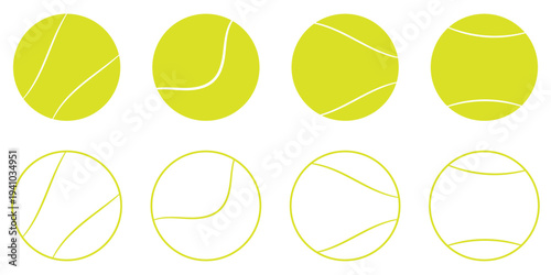  vector illustration set of tennis ball silhouettes featuring various white seam patterns and curved line designs isolated on white background.