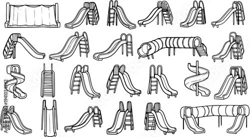 Children's Playground Equipment Black  White Line Art Icons Set: Slides, Tunnels  Outdoor Play Structures for Recreation