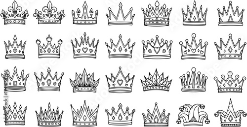 Black and White Hand Drawn Doodle Line Art Crown Icon Set for Royalty, Fantasy, Awards, and Celebration Designs