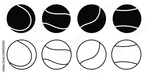Tennis balls collection. Flat minimal sport elements for tennis branding, stickers, patterns, icons or web design. Vector illustration isolated on white 