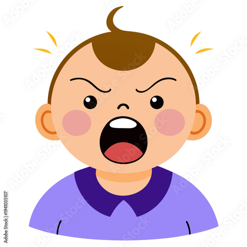 Angry newborn baby with curl of hair vector illustration