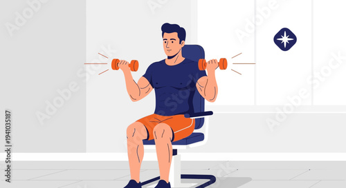 Man doing bicep curls with dumbbells while sitting on a chair, home workout