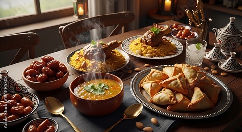 traditional middle eastern iftar feast with steaming lamb rice lentil soup and dates on a wooden table perfect for ramadan.