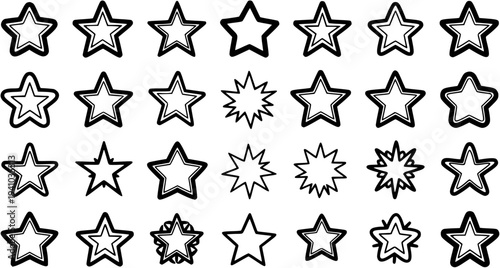 Black and White Star Shapes, Vector Line Art, Graphic Design Elements, Microstock Asset