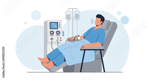 Patient undergoing hemodialysis treatment in a medical chair with dialysis machine and IV drip