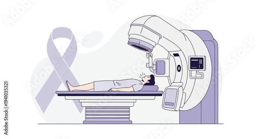 Patient undergoing radiation therapy for cancer treatment with a purple ribbon symbol