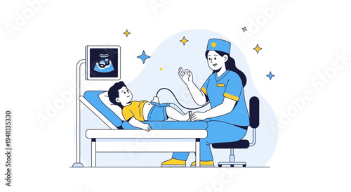 Pediatric Ultrasound Scan: Doctor Examines Young Boy with Sonography Machine in Clinic