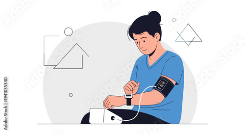 Person monitoring blood pressure with smart device, health checkup concept
