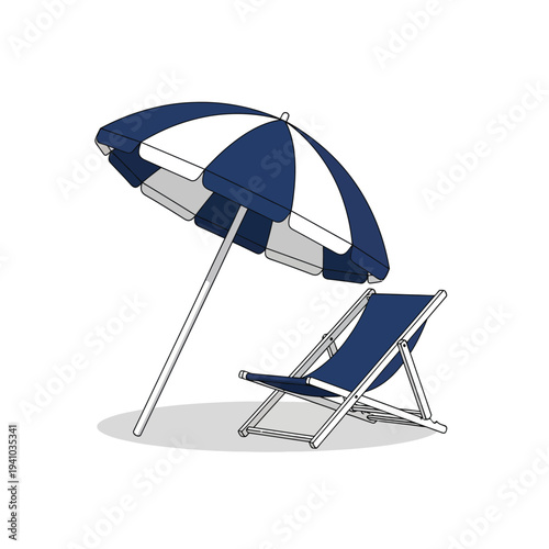 Blue and white striped beach umbrella providing shade for a folded deck chair on a white background