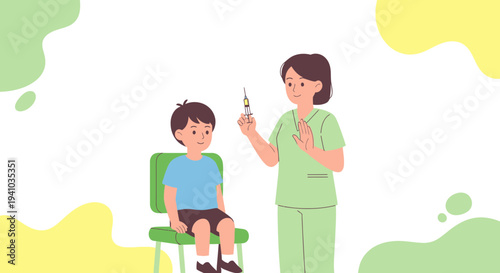 Pediatrician giving vaccination to a young boy, healthcare concept