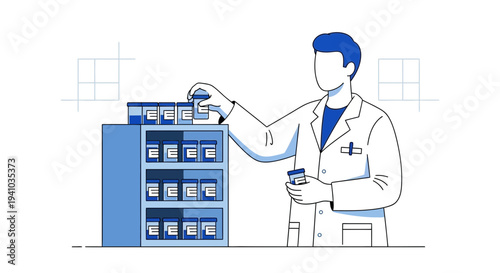 Pharmacist Arranging Medication Bottles on Shelf, Healthcare Concept