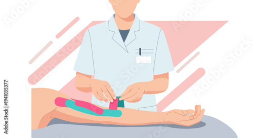 Physical therapist applying kinesiology tape to patient's arm for muscle support and recovery