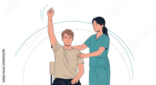 Physical therapist assisting patient with arm rehabilitation exercises in a clinic