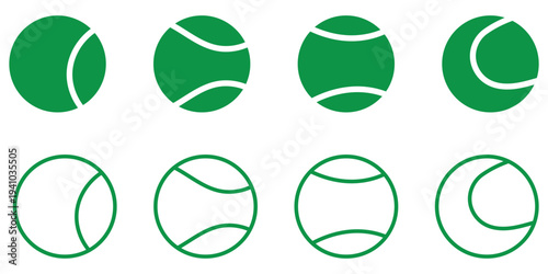 Tennis ball icon set. Sport equipment vector set. Tennis ball collection with static and motion versions for match, training, and game design.