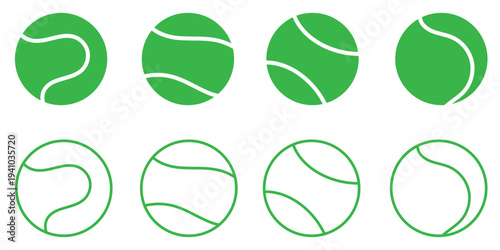 Tennis ball icon set. Sport equipment vector set. Tennis ball collection with static and motion versions for match, training, and game design.