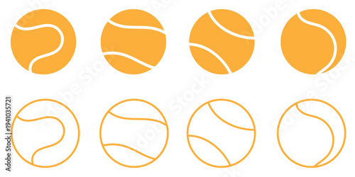 Tennis ball icon set. Sport equipment vector set. Tennis ball collection with static and motion versions for match, training, and game design.