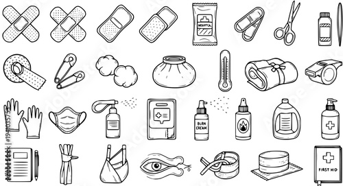 Medical First Aid Kit Supplies Vector Icon Set - Black and White Line Art Illustration